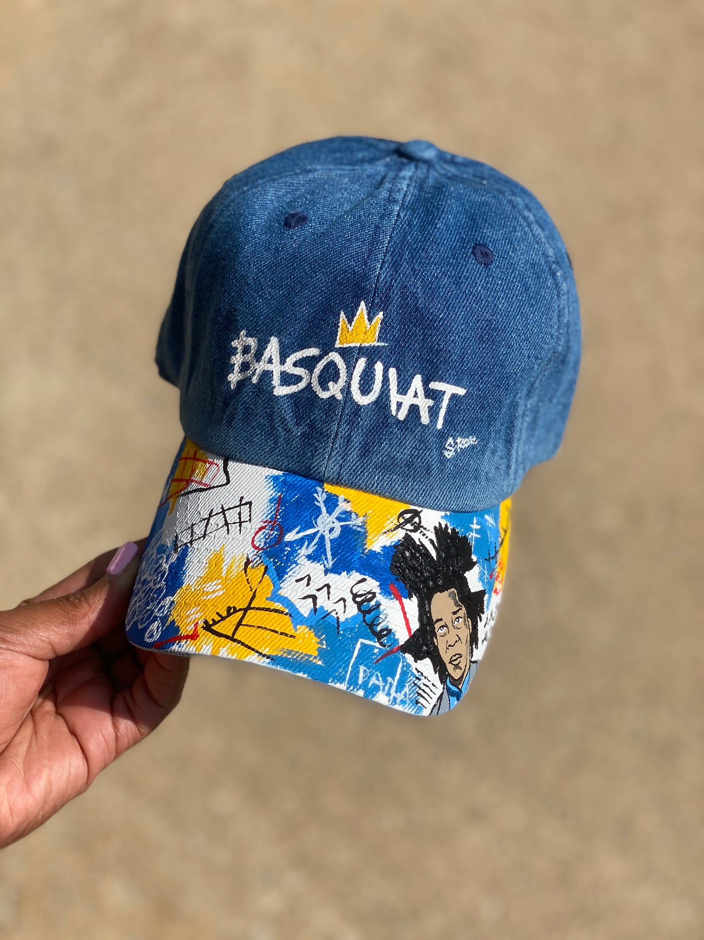 Basquiat Hand Painted Strap Back Hat (denim)