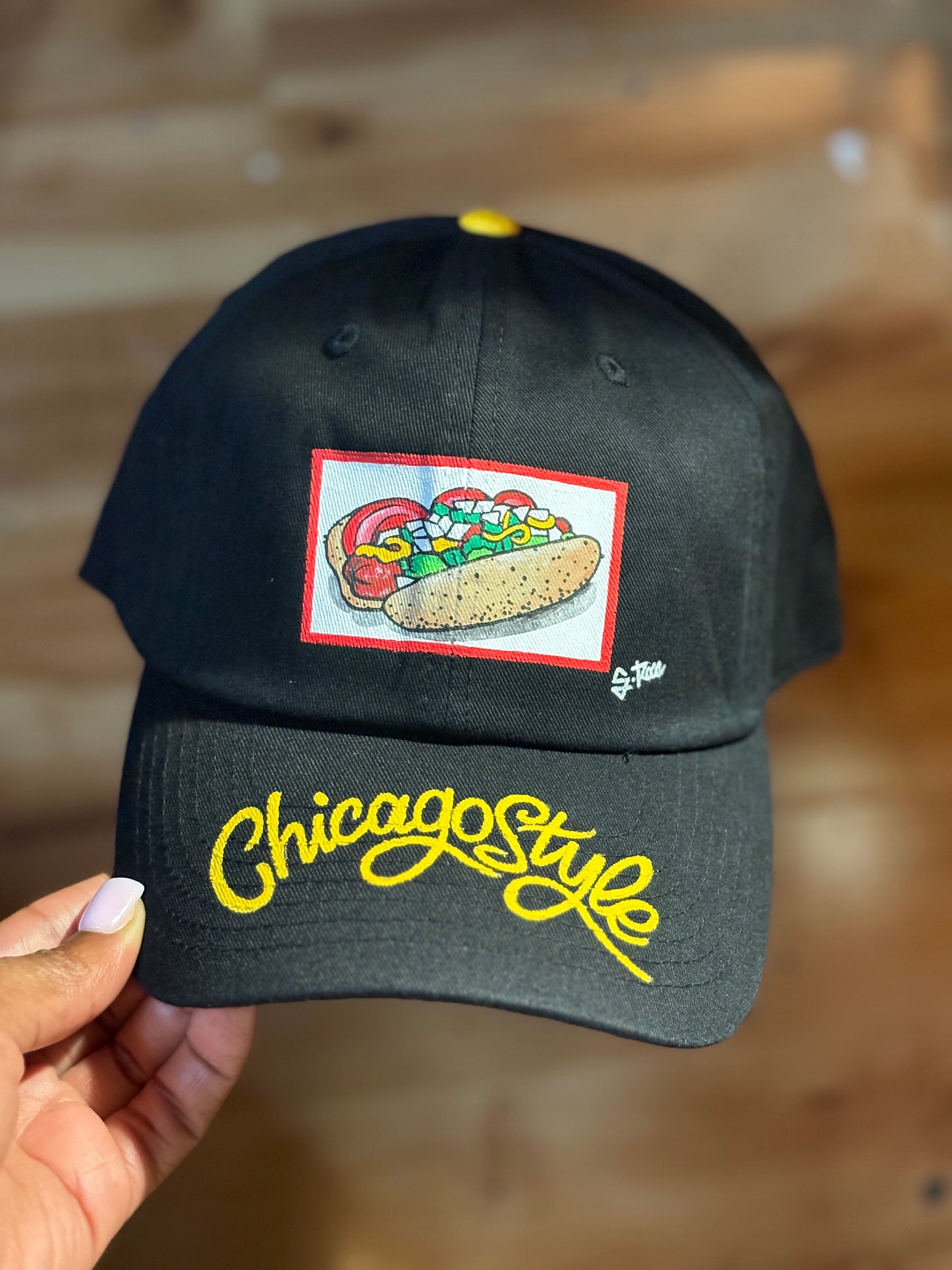 Chicago Dog Hand Painted Strap Back Adjustable Hat