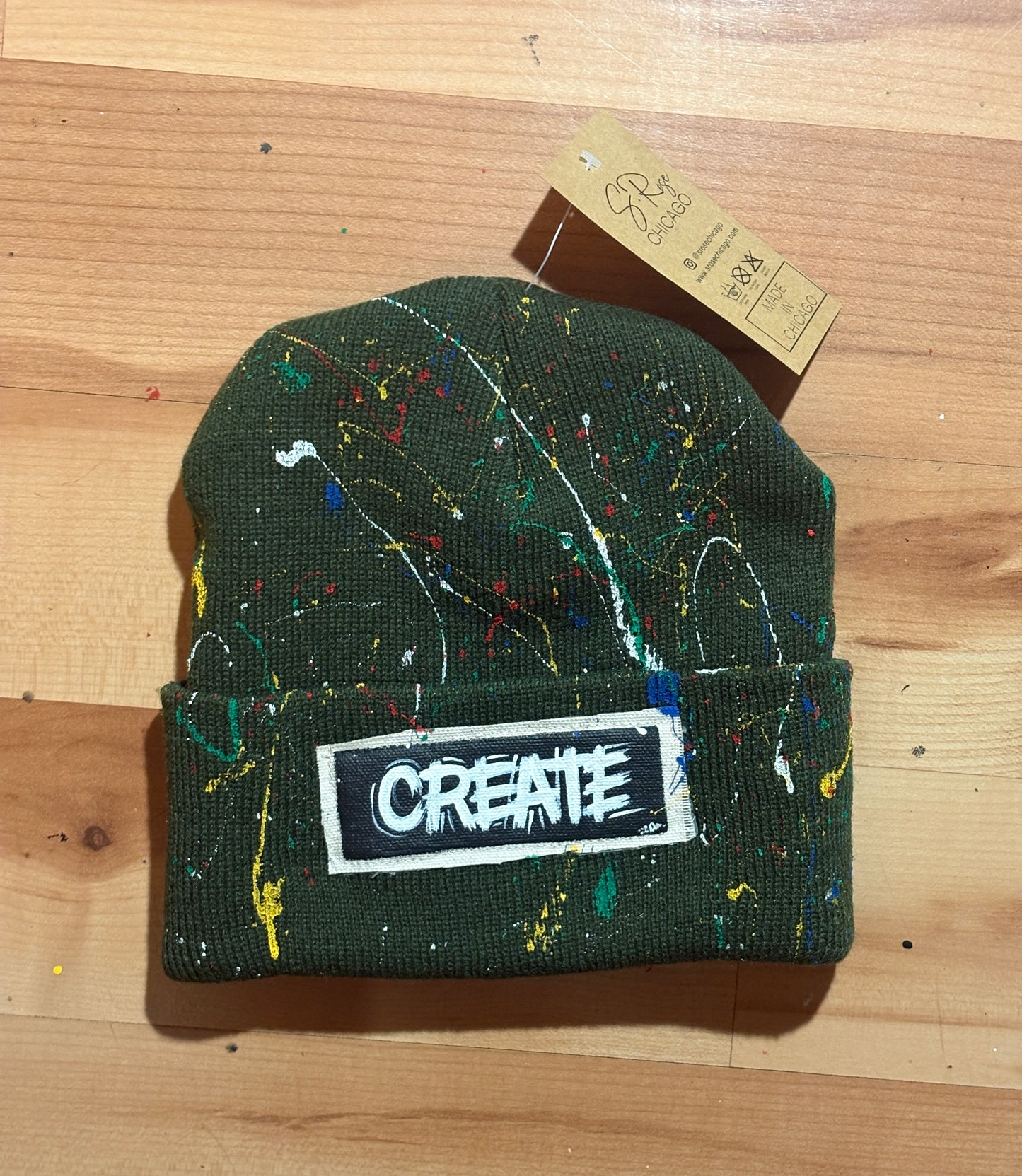Create Hand Painted Patch Knit Hat (Beige)