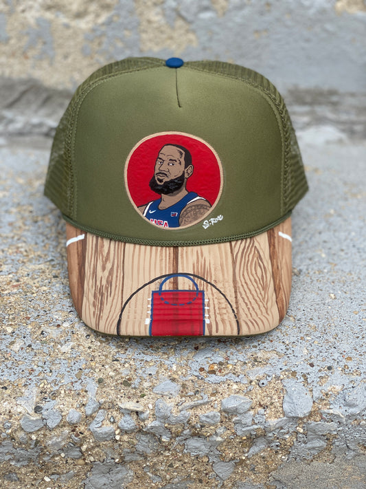 LeBron James Hand Painted Trucker Hat (olive green)