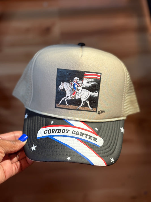 Cowboy Carter Ribbon Hand Painted Trucker Hat (tan)