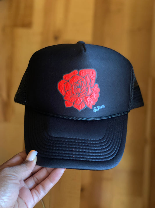 “Rose” Hand Painted Trucker (black)