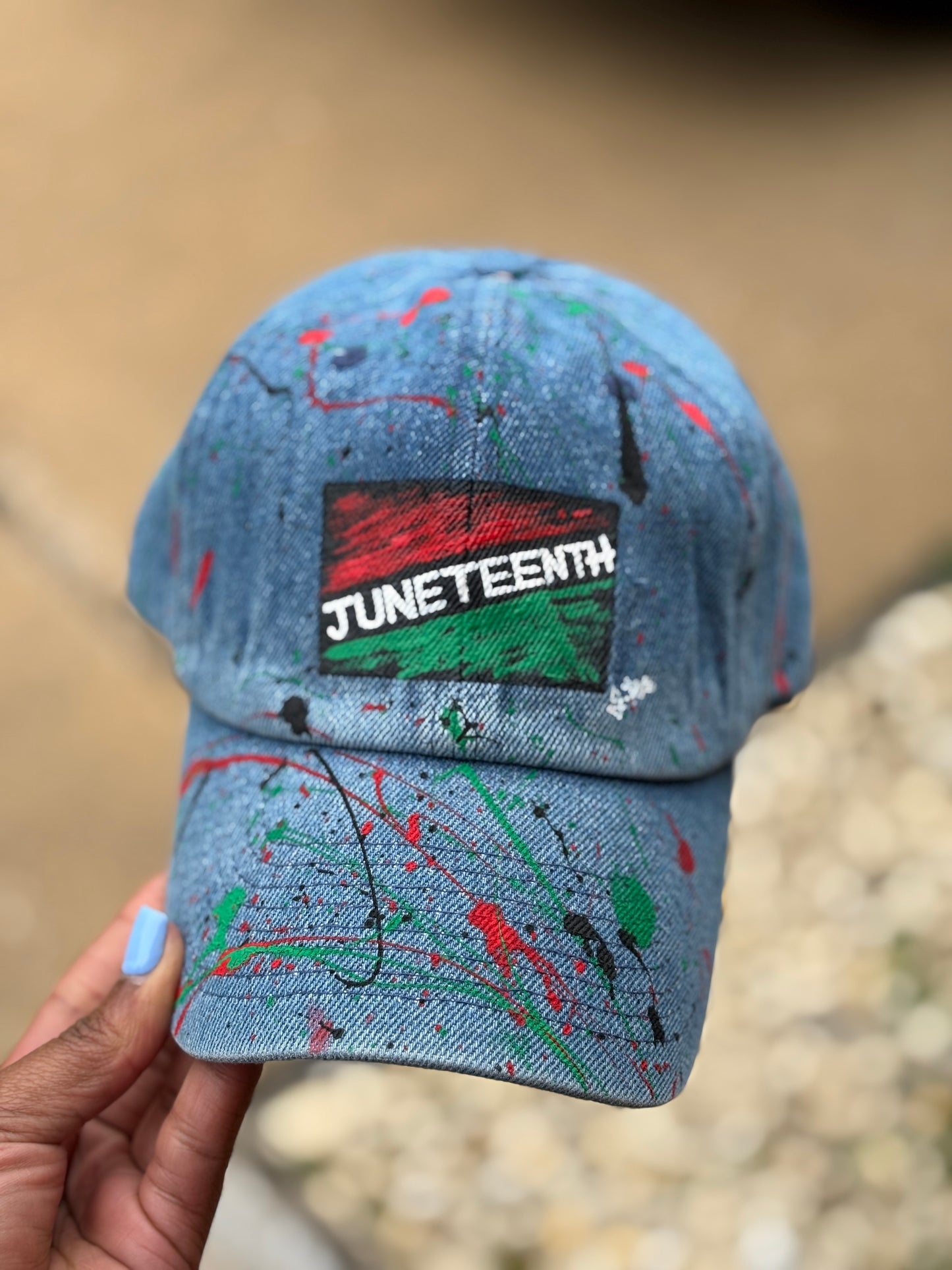 “Juneteenth” Hand Painted Strap Back Hat (Denim)