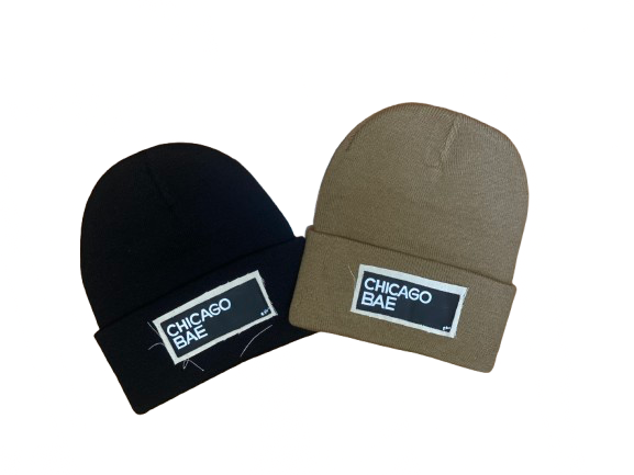 “Chicago Bae” Hand Painted Patch Knit Hat (Tan)