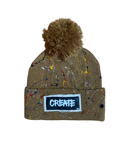 “Create” Hand Painted Patch Knit Hat (Camel)