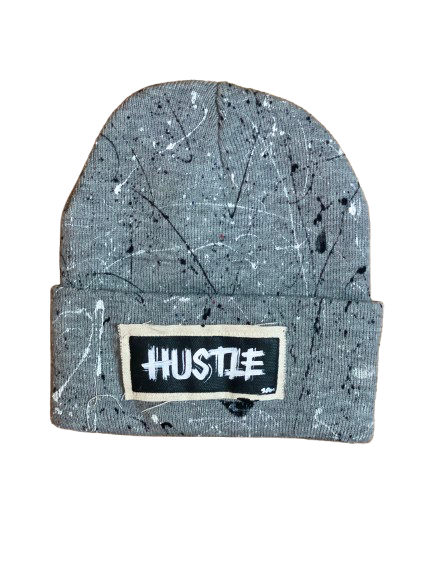 “Hustle” Hand Painted Patch Knit Hat (grey)