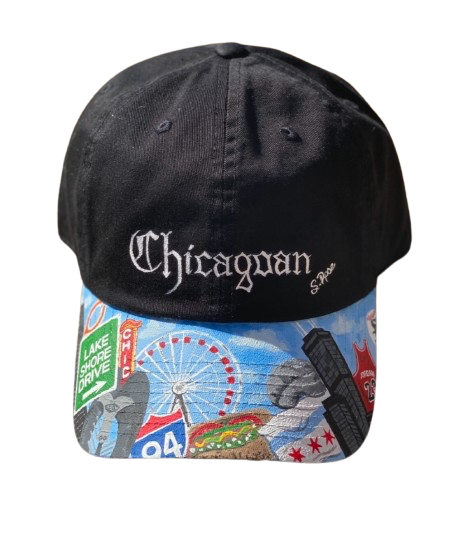 “Chicagoan Collage” Hand Painted Strap back adjustable hat