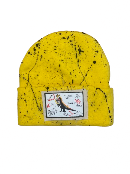 “Dino Basquiat” Hand Painted Patch Knit Hat (yellow)