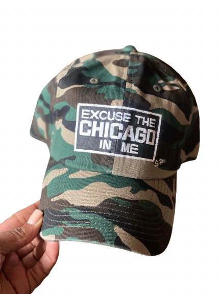 "Excuse The Chicago In Me" Hand Painted Strap Back Hat (Green Camo)