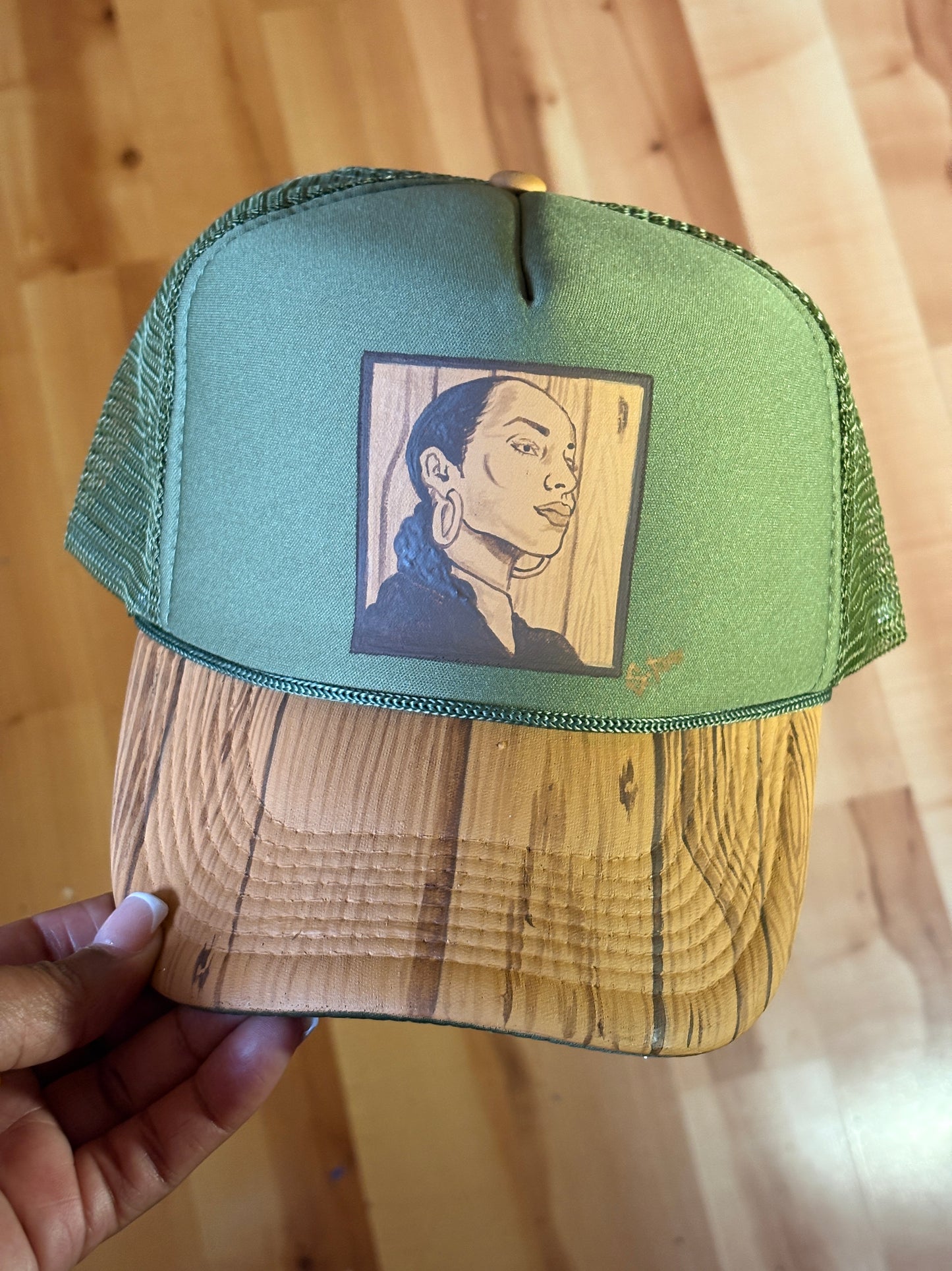 Sade Woodgrain Hand Painted Trucker Olive