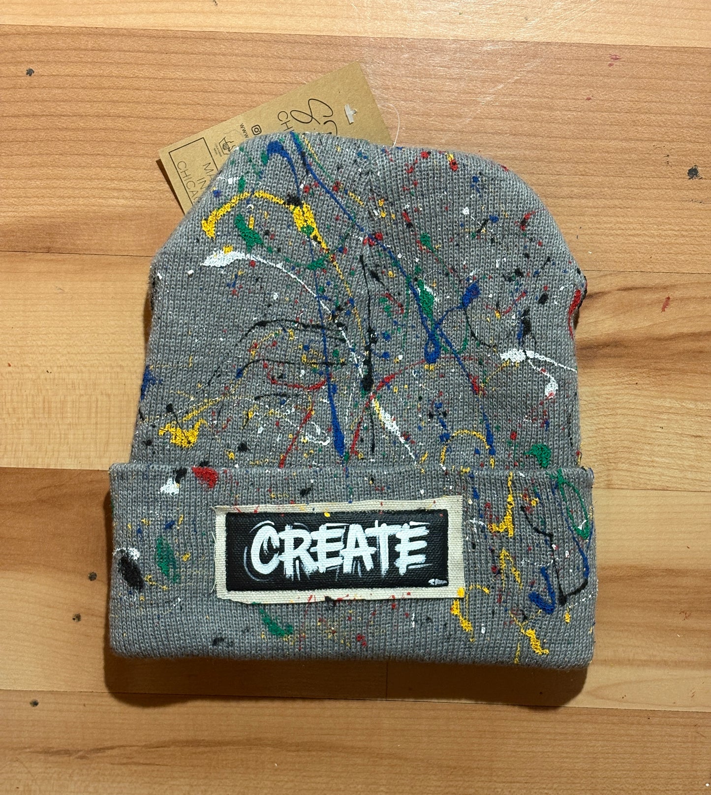 Create Hand Painted Patch Knit Hat (Beige)