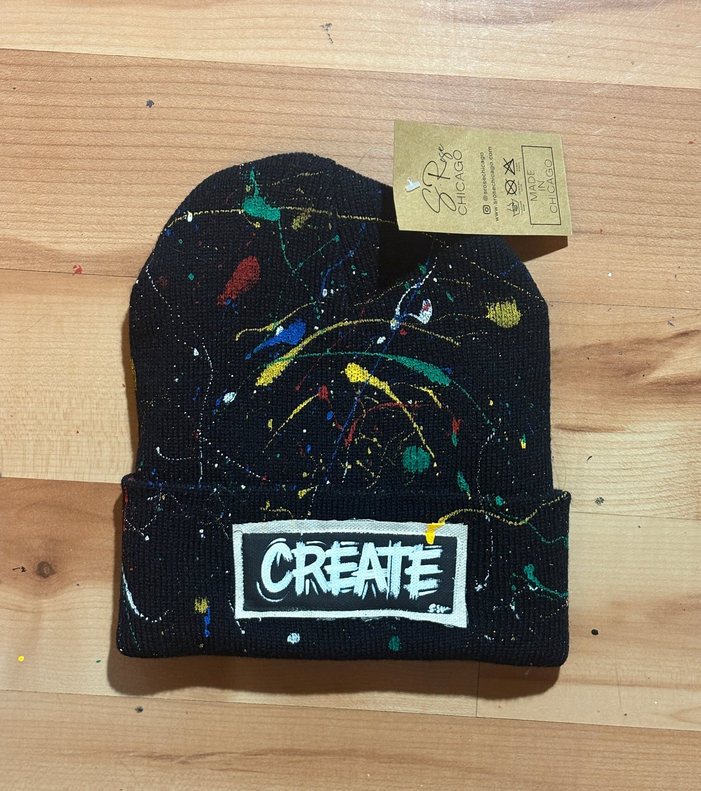 Create Hand Painted Patch Knit Hat (Beige)